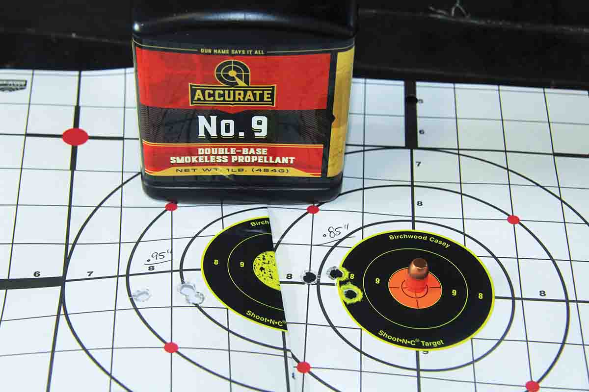 The 200-grain Hornady Action Pistol bullet produced the test’s tightest groups and lowest extreme velocity spreads. Accurate No. 9 with 13 grains at 1,224 and 12.5 grains at 1,181 fps was the magic dust, producing both high velocities and sub-1-inch accuracy.